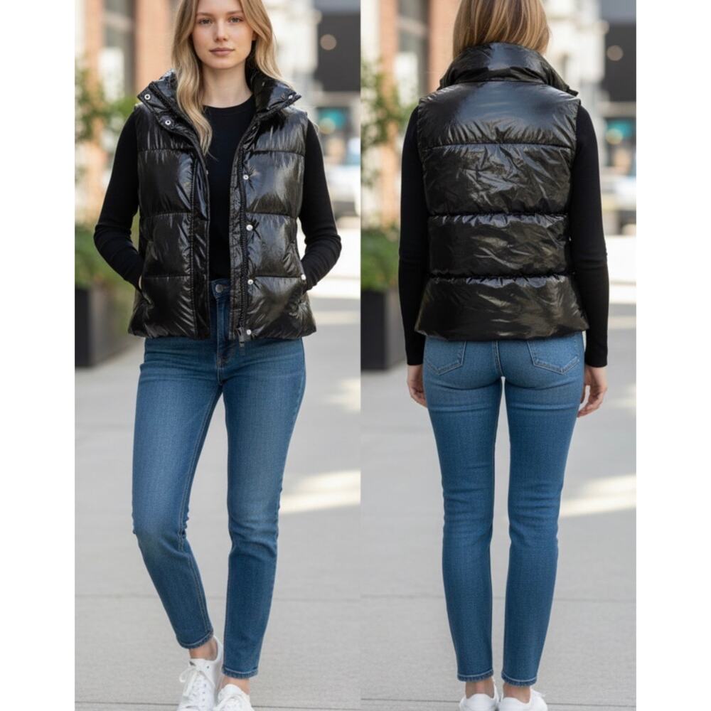 PINK Victoria’s Secret Vest Puffer  Vest-  Size Medium Black Glossy